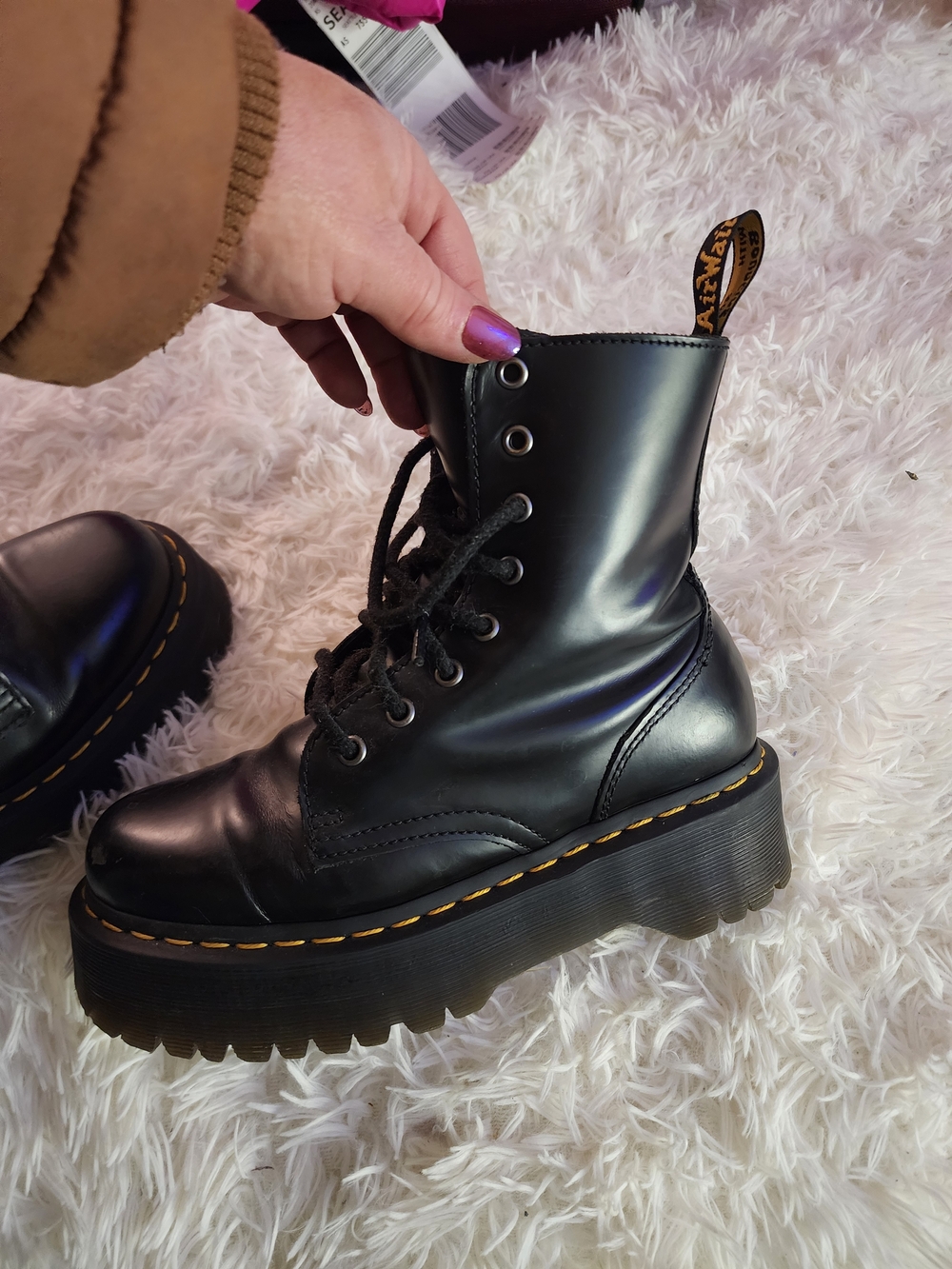 Dr. Martens Black Leather Lace-Up Platform Moto Boots with Yellow Stitching
